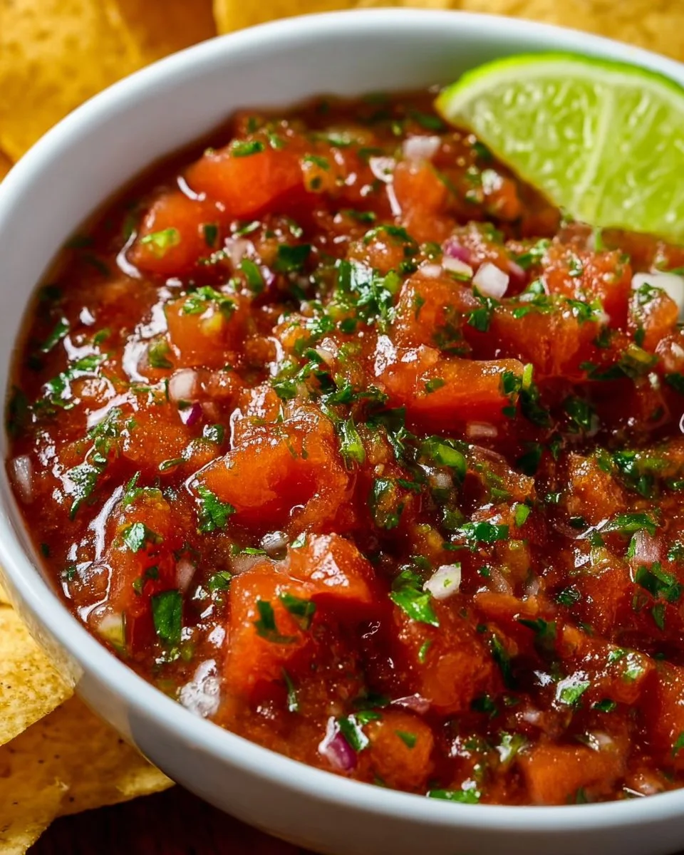 Bowl of fresh homemade salsa with tomatoes, onions, and cilantro