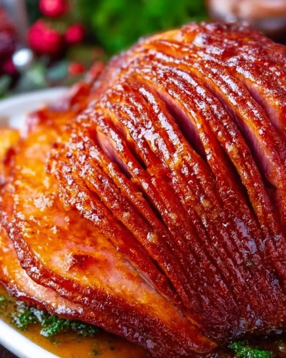 Sliced Honey Baked Ham on a platter with garnish