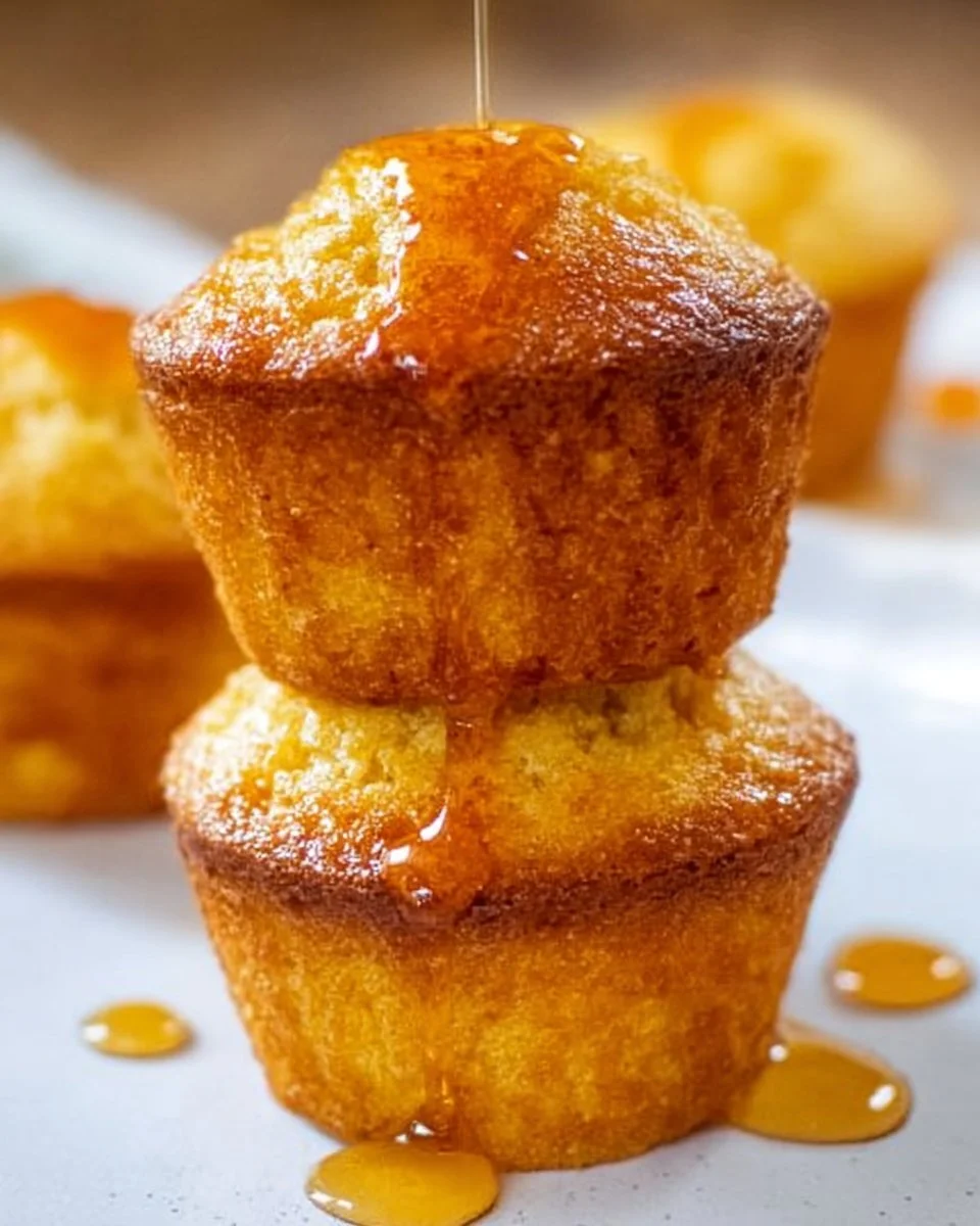 Freshly baked honey cornbread muffins on a rustic wooden table