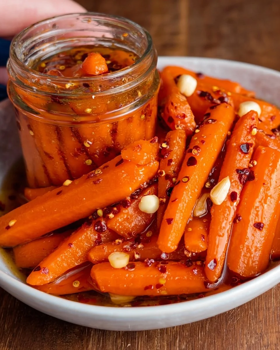 Hot Honey Pickled Carrots in a jar with spices for a flavorful snack.