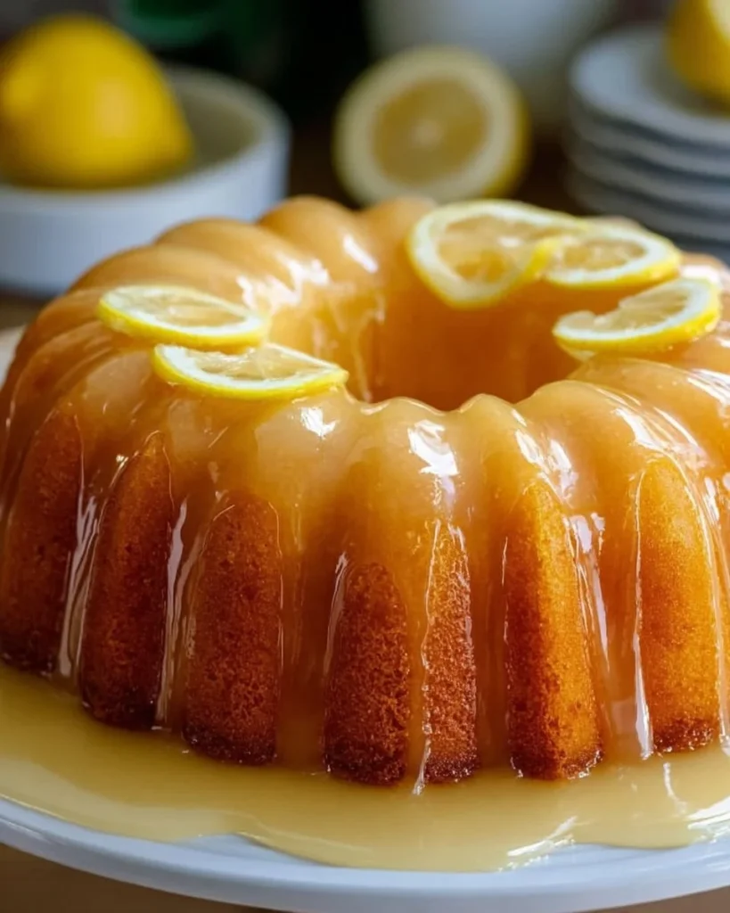 Slice of Lemon 7UP Pound Cake on a plate with lemon slices