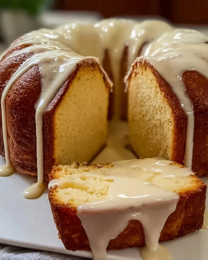 Melt-in-your-mouth vanilla glazed pound cake on a decorative plate