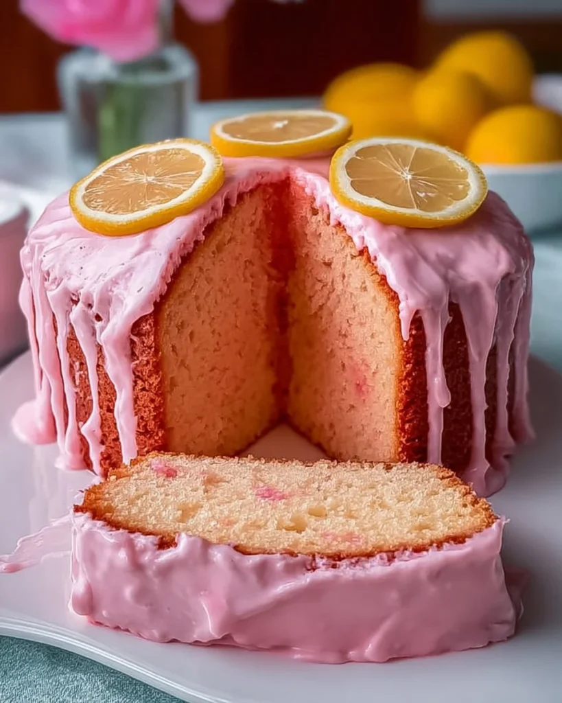 Mile High Pink Lemonade Pound Cake with pink frosting and lemon slices