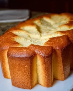Slice of moist buttermilk pound cake with a golden crust