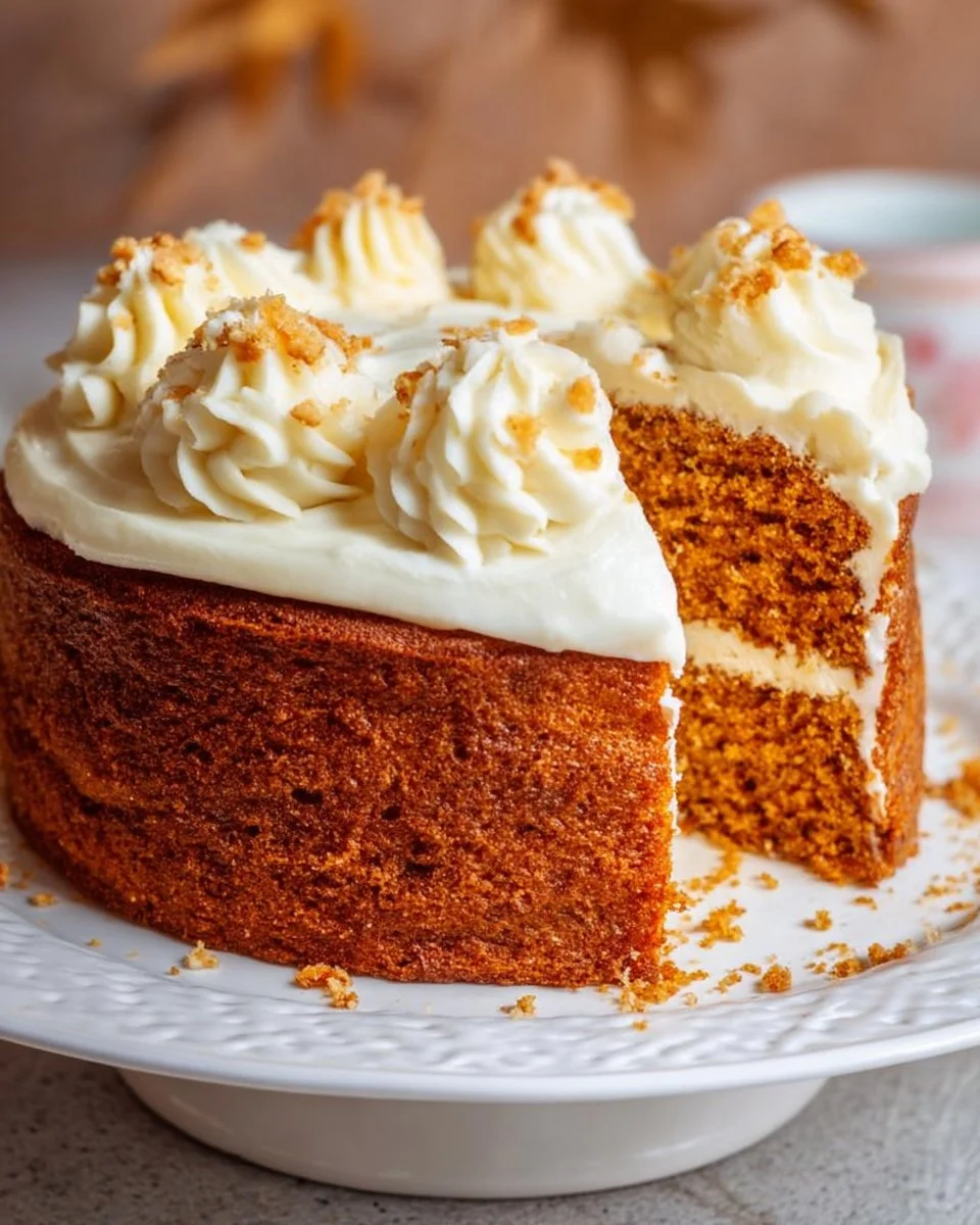 Old fashioned spice cake with cream cheese frosting on a decorative plate.