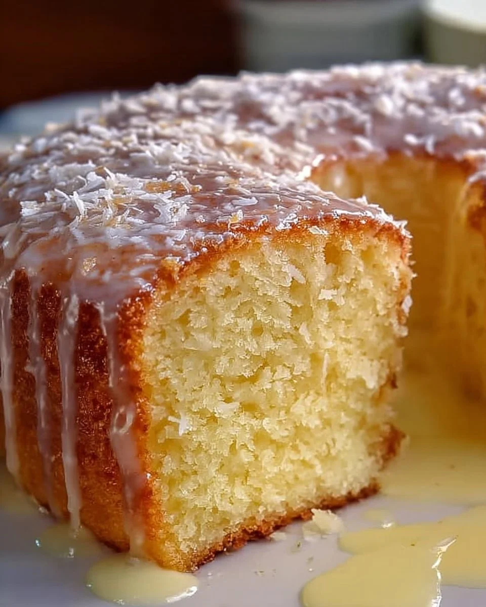 Delicious Pina Colada Pound Cake garnished with pineapple and coconut flakes