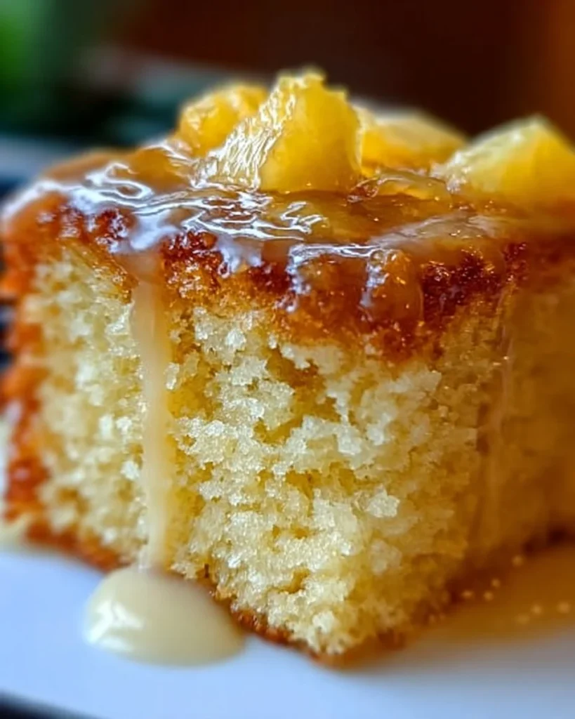 Delicious Pineapple Heaven Cake topped with fresh pineapple slices and cream