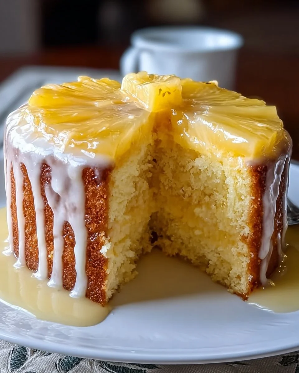 Delicious slice of pineapple juice cake with tropical garnishes