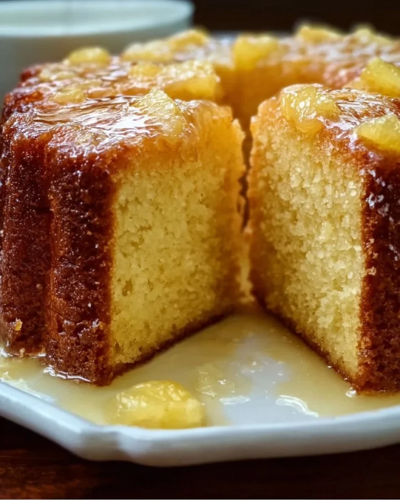 Deliciously baked Pineapple Pound Cake slice on a plate with tropical decorations.