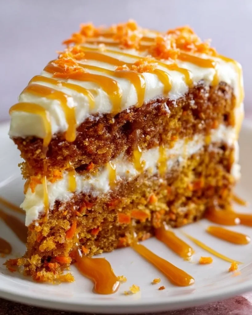 Slice of salted caramel carrot cake with caramel drizzle on a plate
