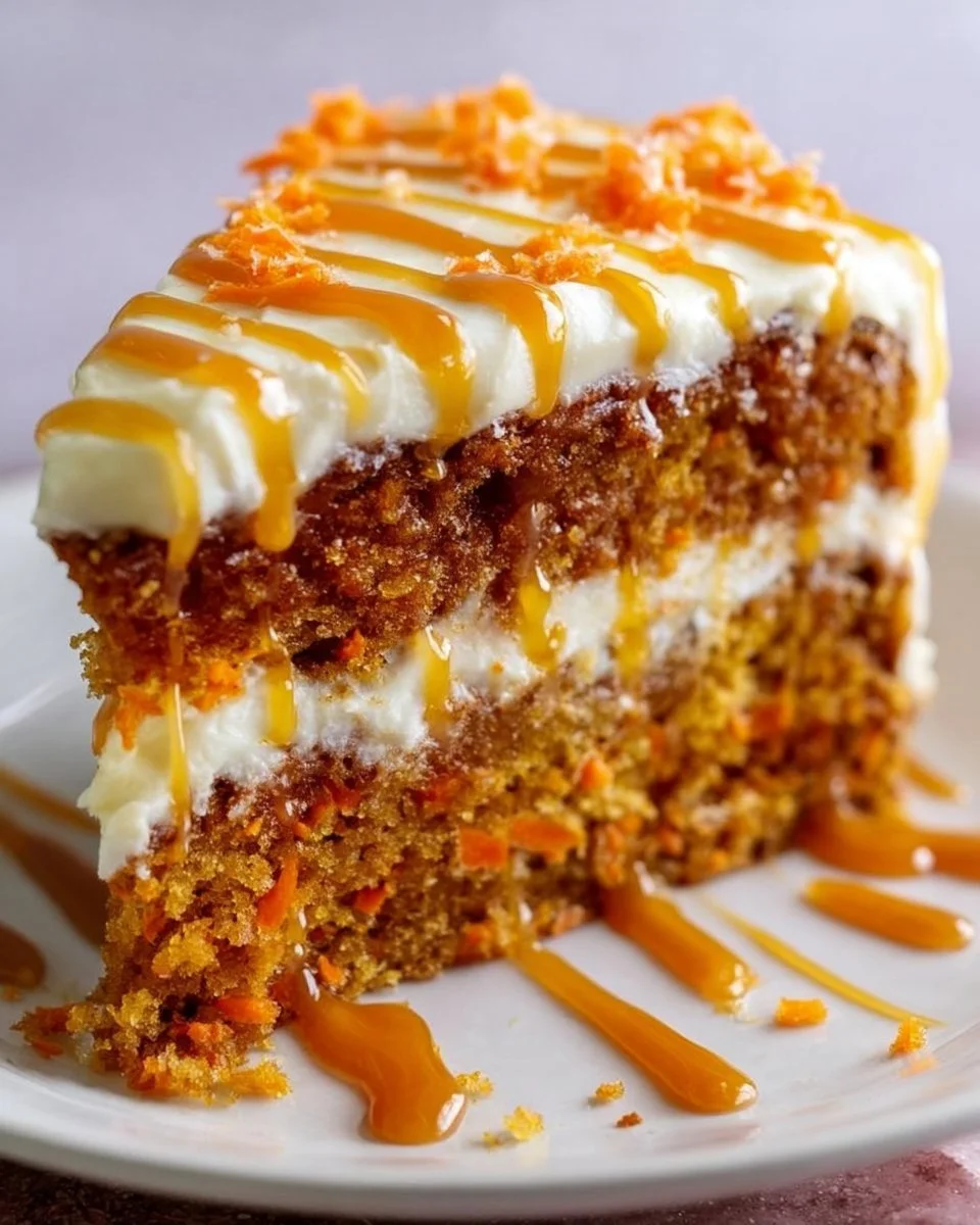 Slice of salted caramel carrot cake with caramel drizzle on a plate