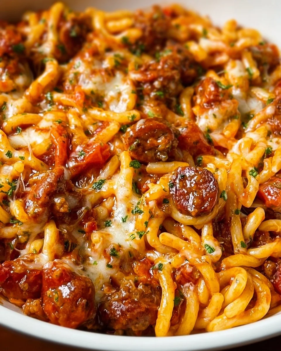 Delicious plate of savory Italian sausage pasta with fresh herbs and Parmesan