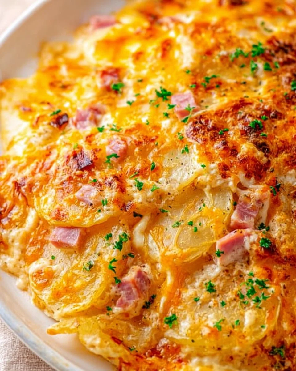 Delicious scalloped potatoes with ham and cheese in a baking dish