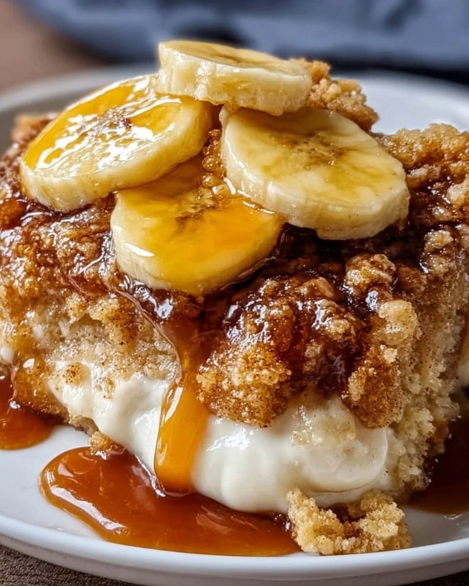 Delicious Southern Banana Cobbler served warm with vanilla ice cream