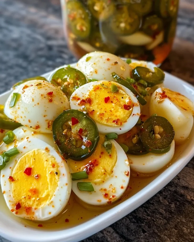 Spicy pickled eggs in a jar, showcasing vibrant colors and spices.
