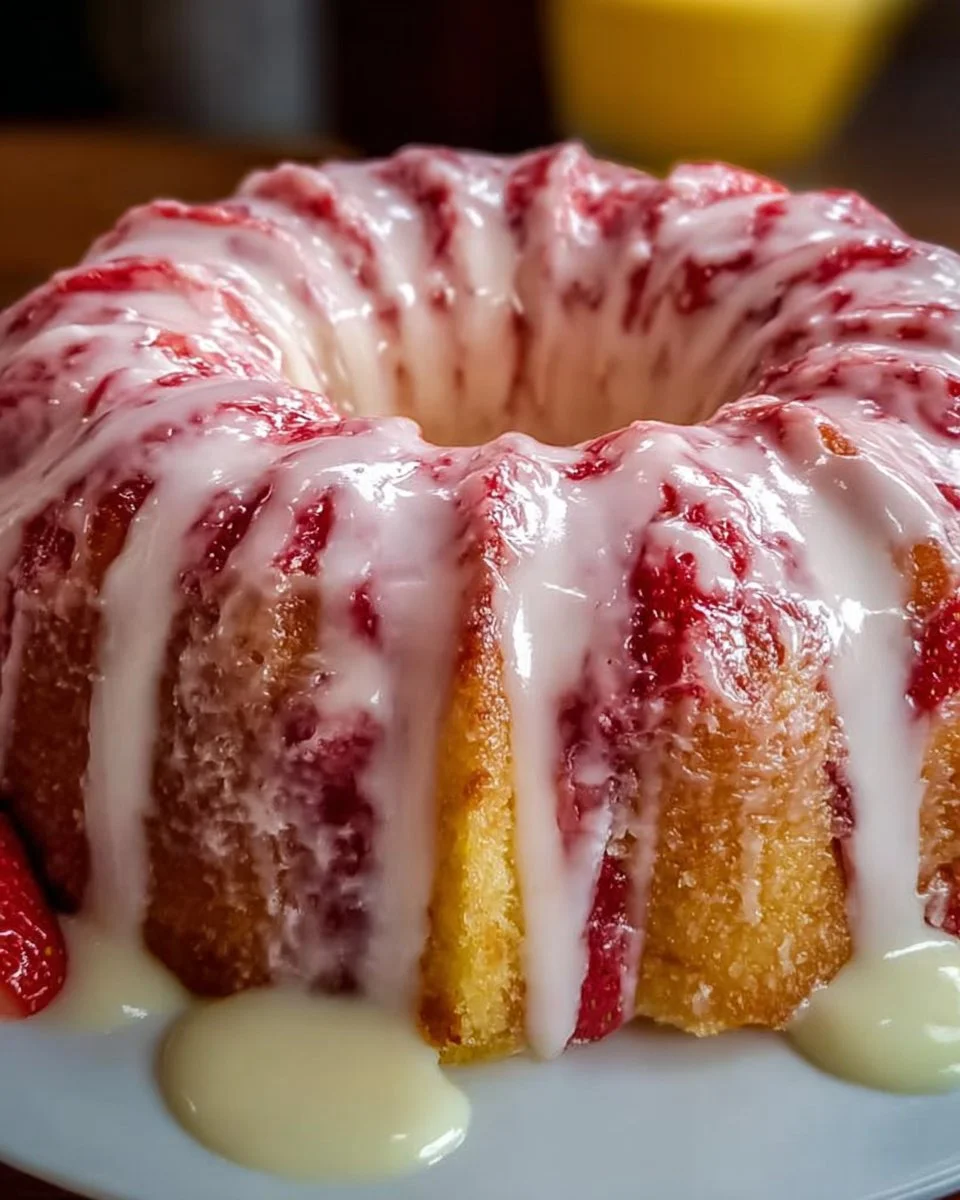 Slice of Strawberry Cream Cheese Pound Cake on a plate