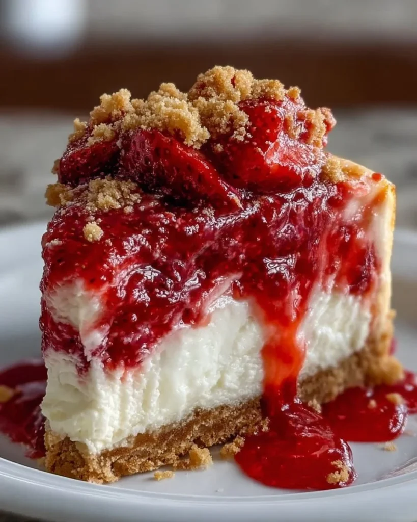 Delicious Strawberry Crunch Cheesecake topped with crunchy strawberry goodness