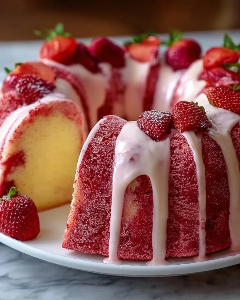 Slice of strawberry milkshake pound cake on a plate with fresh strawberries