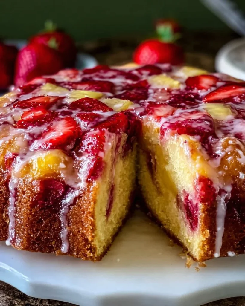 Slice of moist Strawberry Pineapple Pound Cake topped with fresh strawberries.