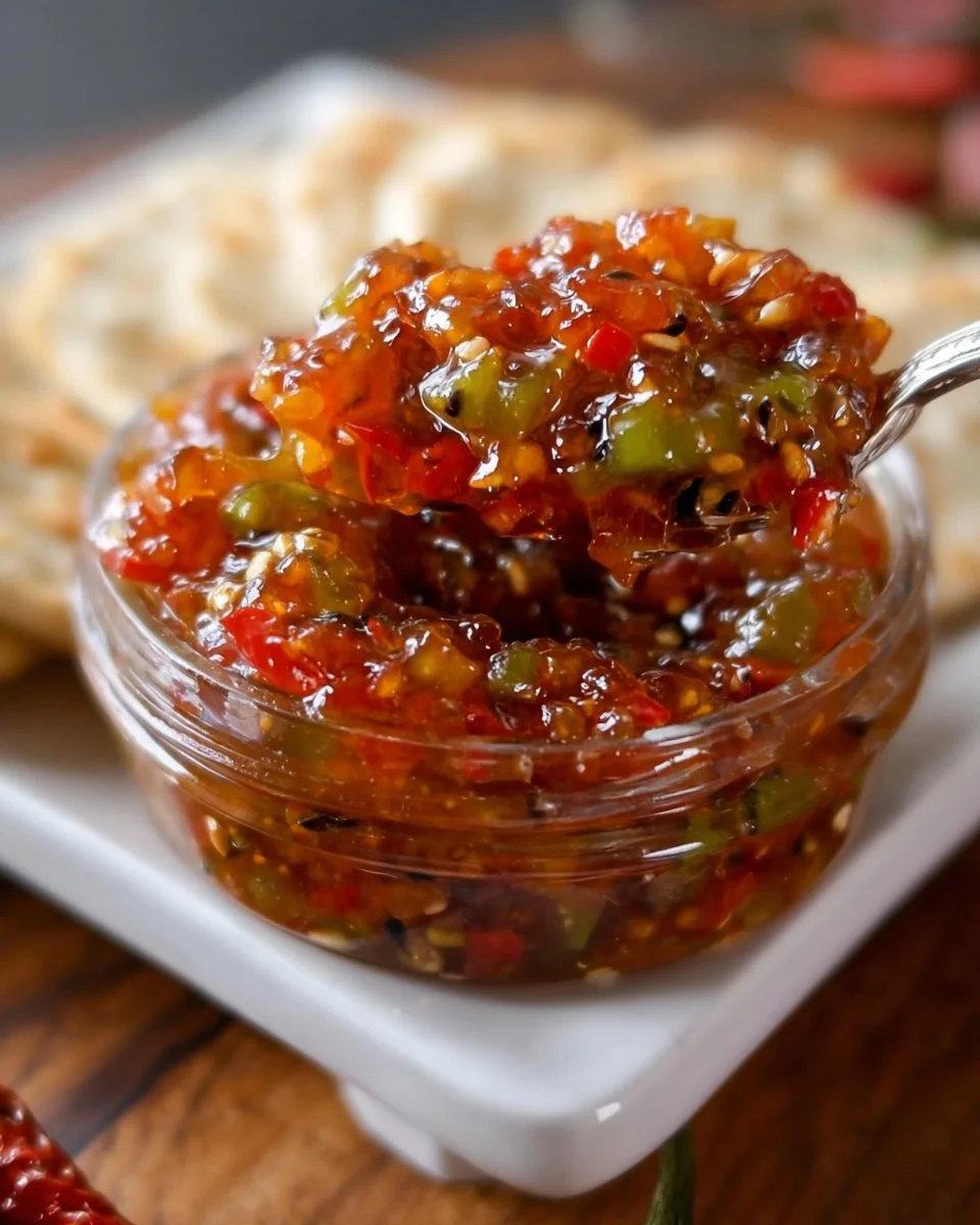 Sugar-free pepper jam in a jar, perfect for sweet and spicy flavor lovers.
