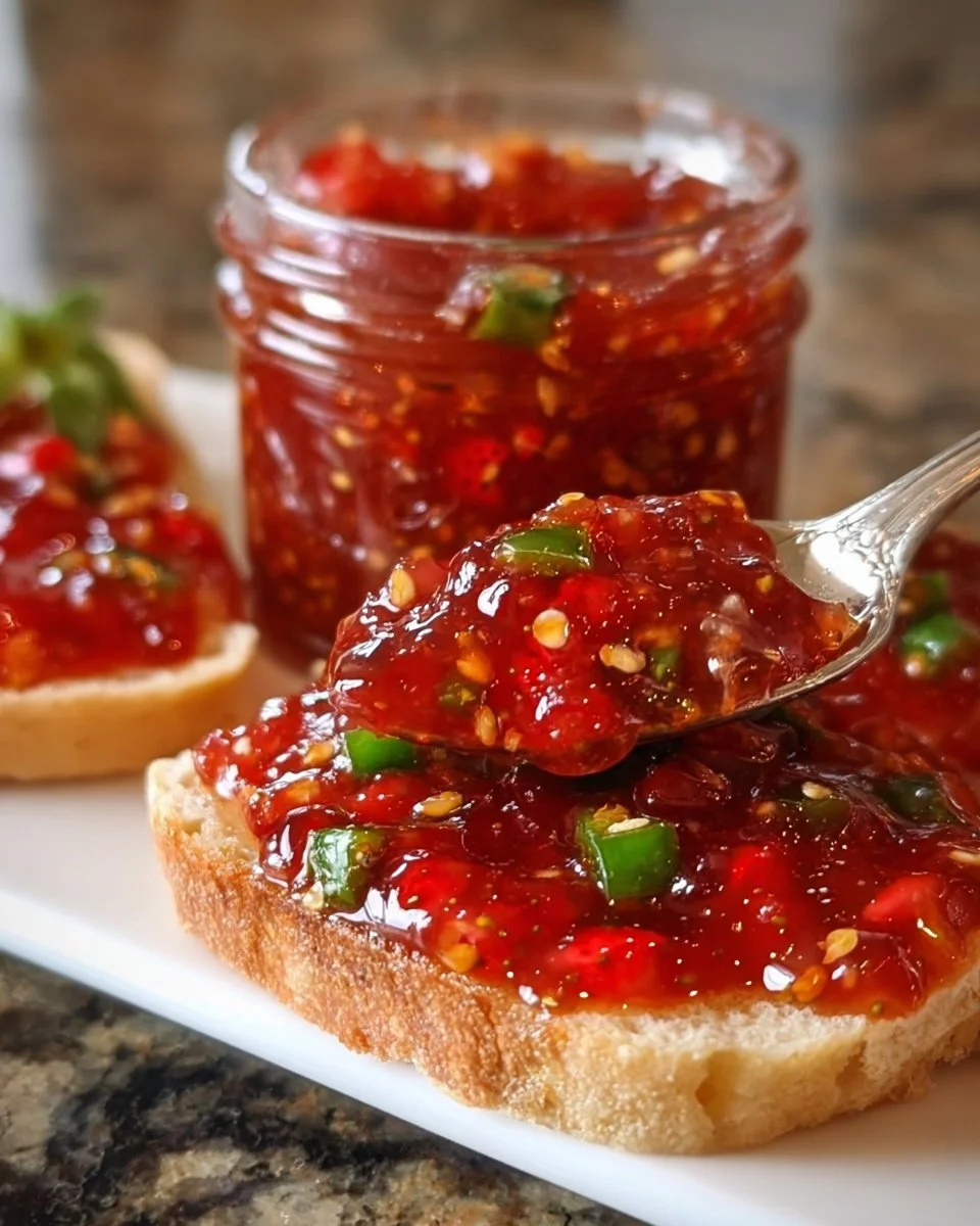 Jar of sweet heat strawberry jalapeño jam on a wooden table