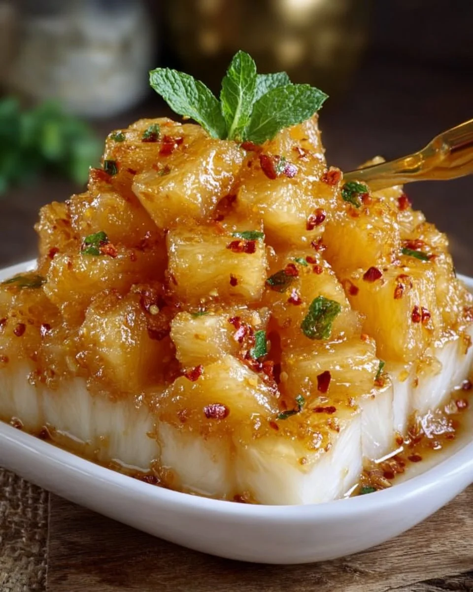 Sweet and spicy pineapple candy treat with vibrant colors and textures