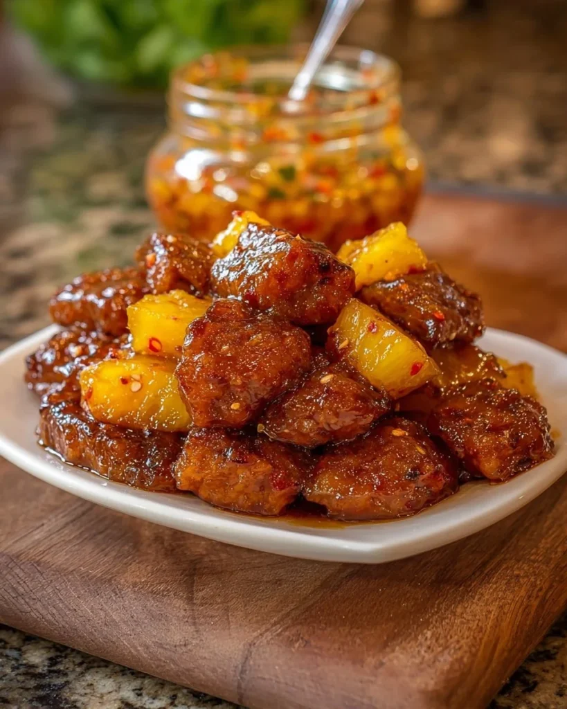 Sweet and spicy Pineapple Cowboy Candy in a jar ready to enjoy.