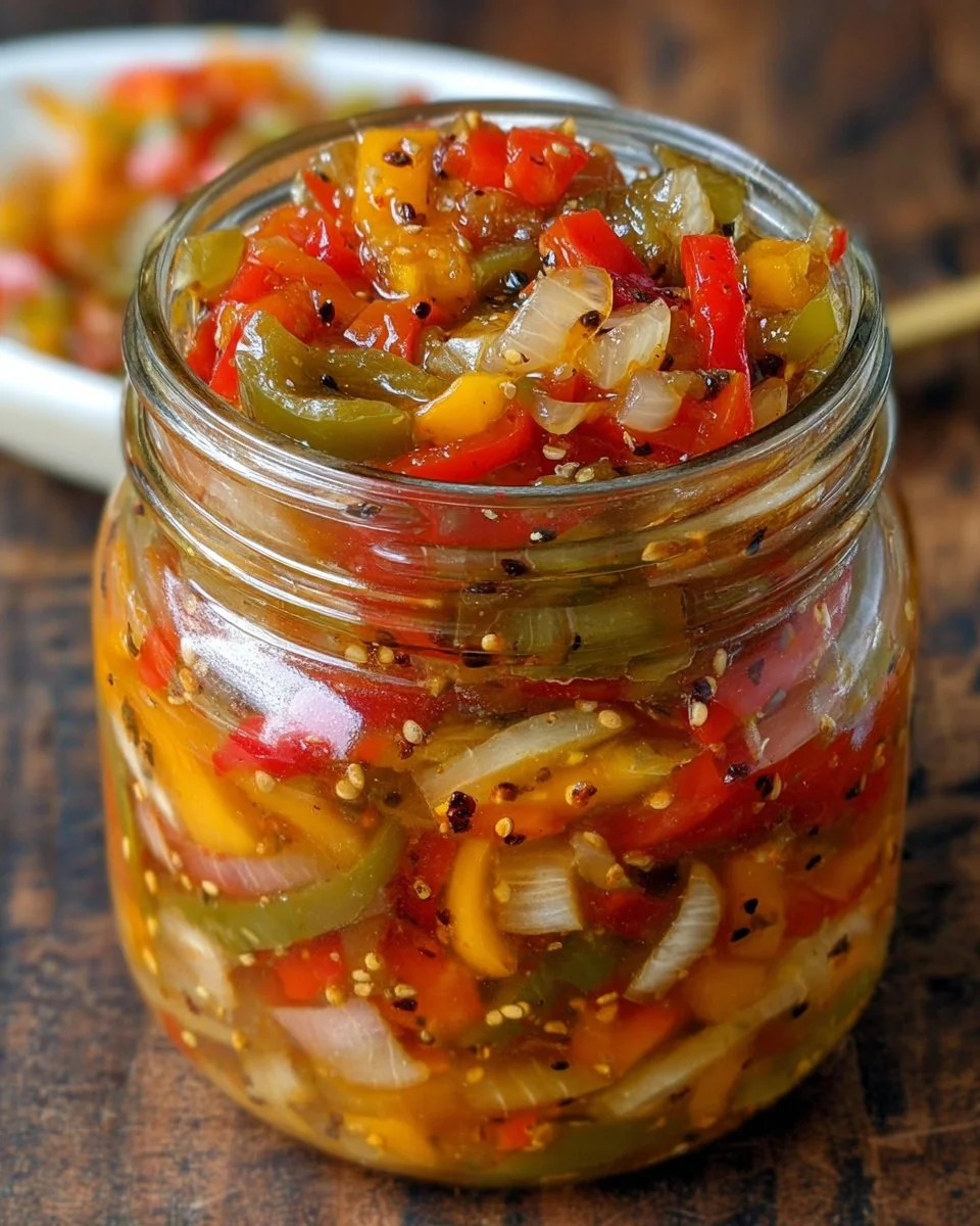 Jar of homemade sweet and tangy pepper onion relish with fresh ingredients.