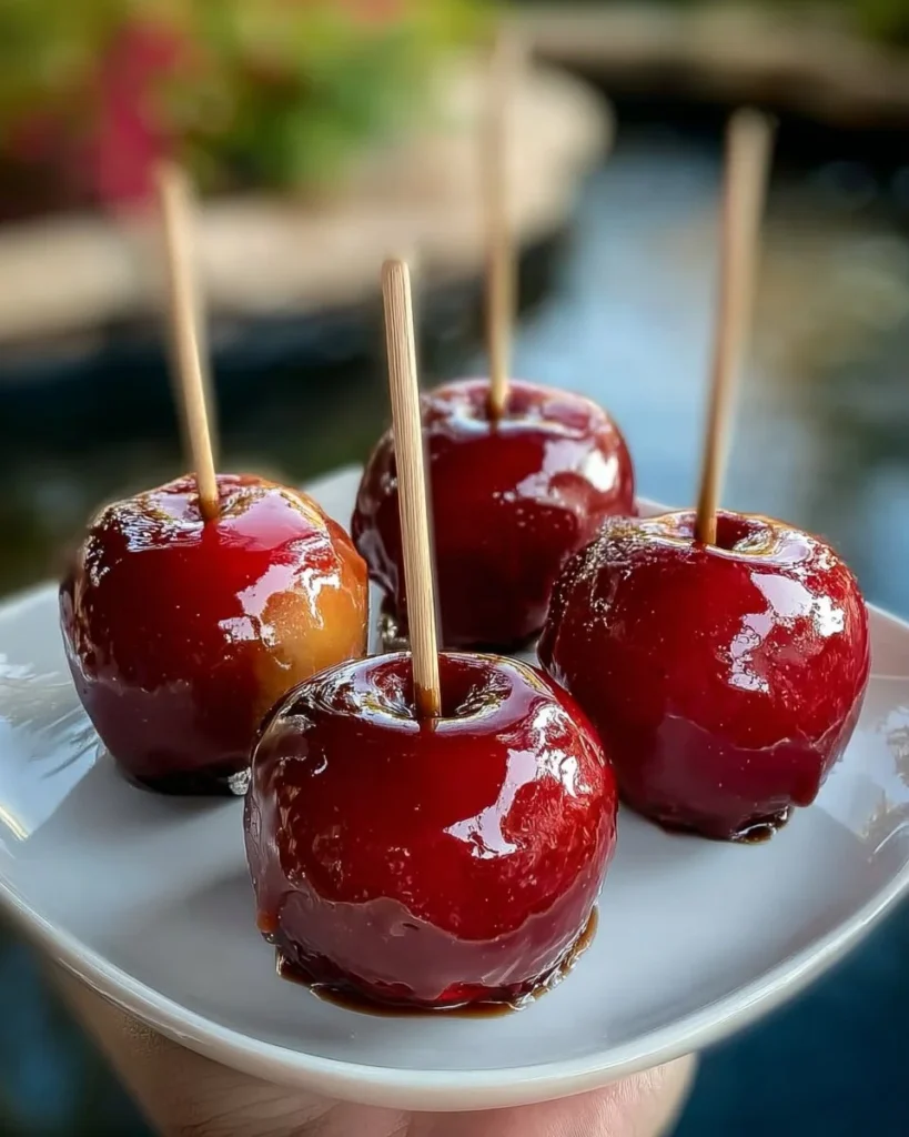 Delicious toffee apples coated in glossy caramel, perfect for autumn treats.