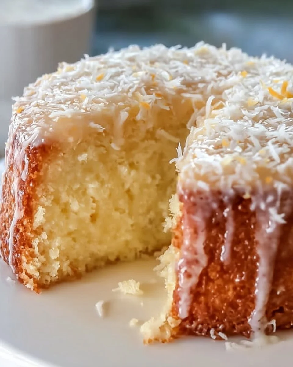 Sliced Tropical Coconut Cake topped with shredded coconut and fresh fruit