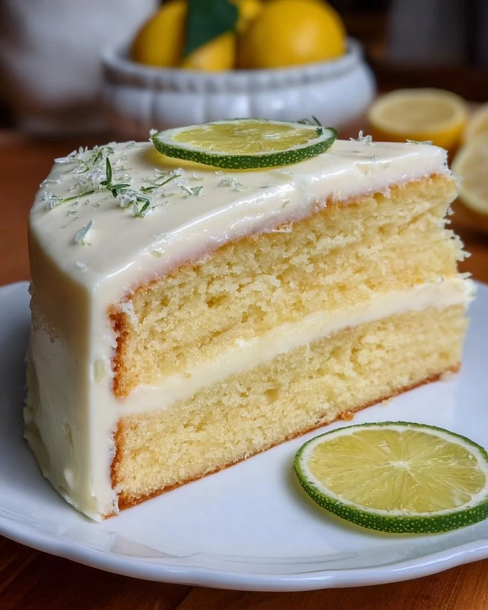 Ultra moist lemon cream layer cake with smooth vanilla frosting on a white plate