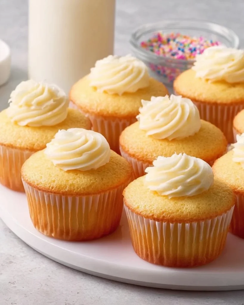 No-fail vanilla cupcakes topped with creamy frosting