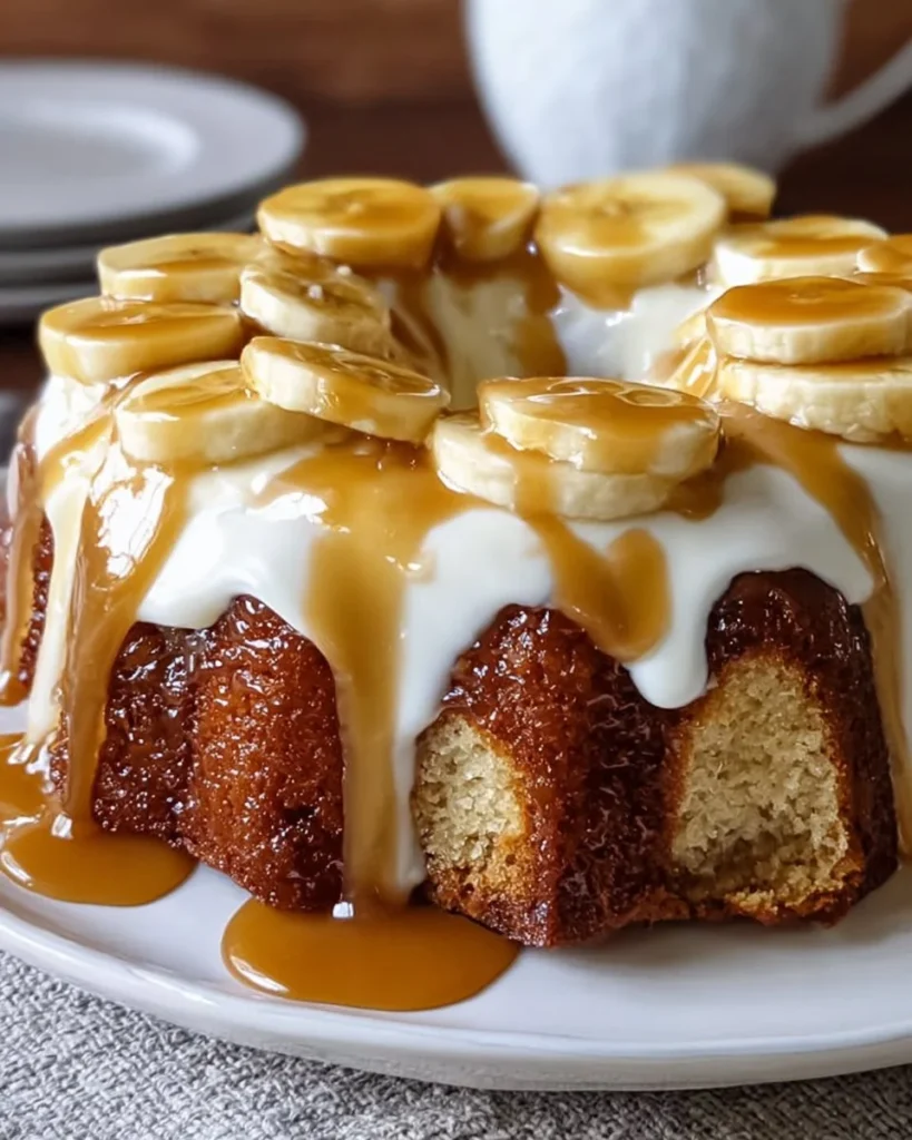 Warm Banana Pudding Pound Cake served on a white plate with a slice cut out.