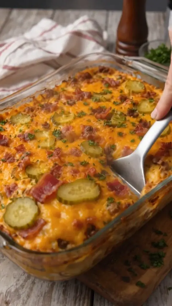 A mouthwatering Bacon Cheeseburger Casserole topped with crispy bacon and melted cheese.