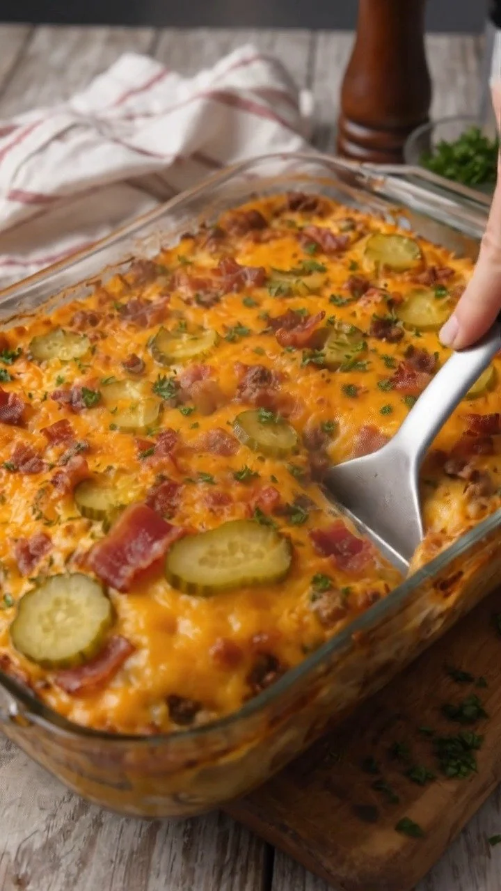 A mouthwatering Bacon Cheeseburger Casserole topped with crispy bacon and melted cheese.