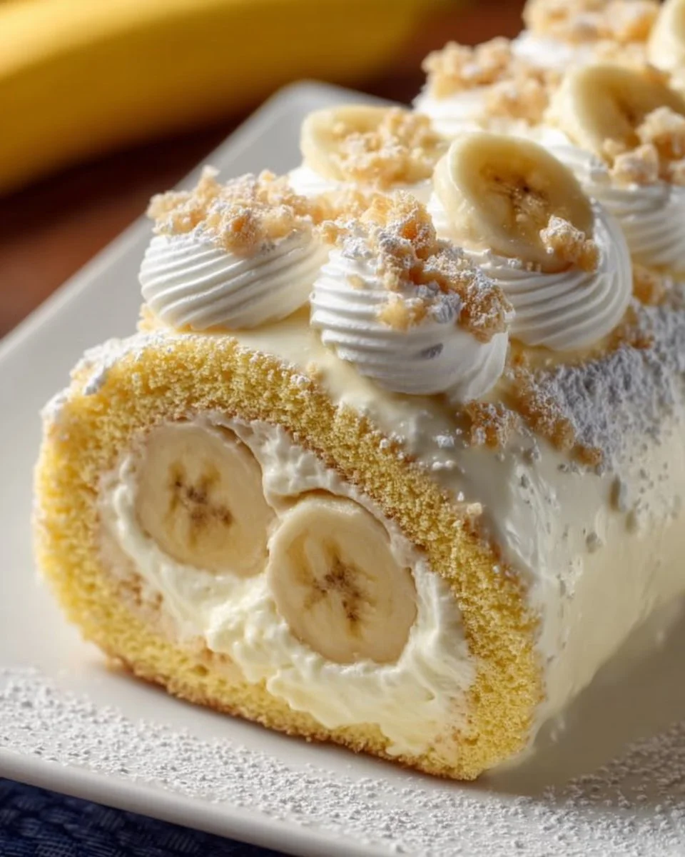 Delicious Banana Pudding Cake Roll with creamy filling and banana slices