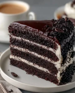 Deliciously moist Black Velvet Cake with cream cheese frosting on a plate