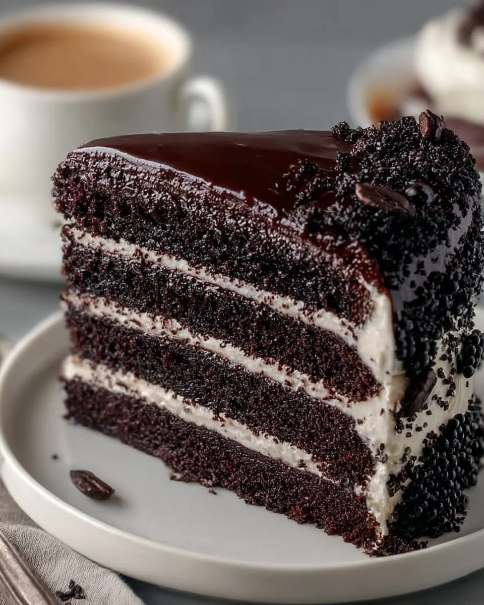 Deliciously moist Black Velvet Cake with cream cheese frosting on a plate
