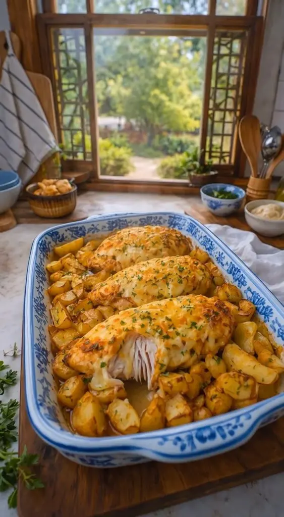 Cheesy baked chicken with roasted potatoes on a plate