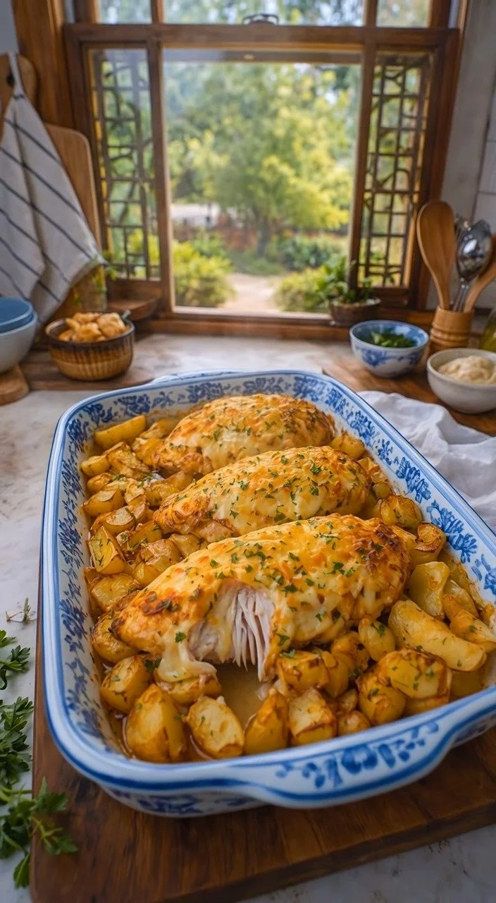 Cheesy baked chicken with roasted potatoes on a plate