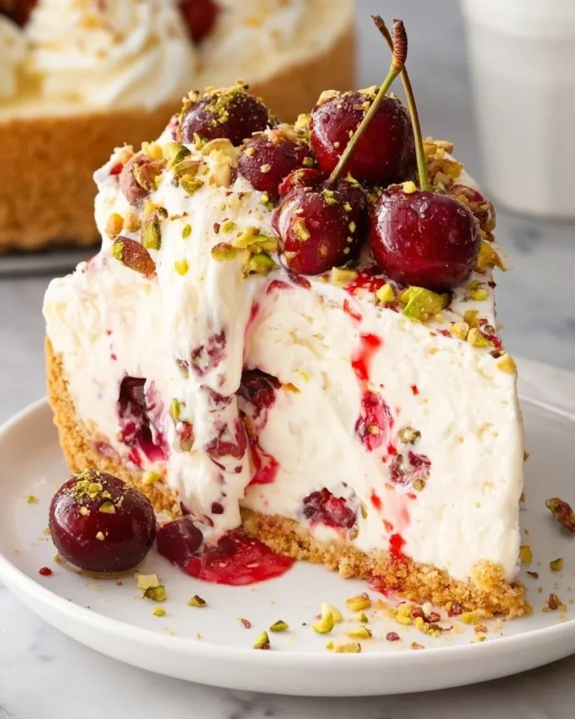 Delicious Cherry Pistachio Cheesecake topped with fresh cherries and pistachios