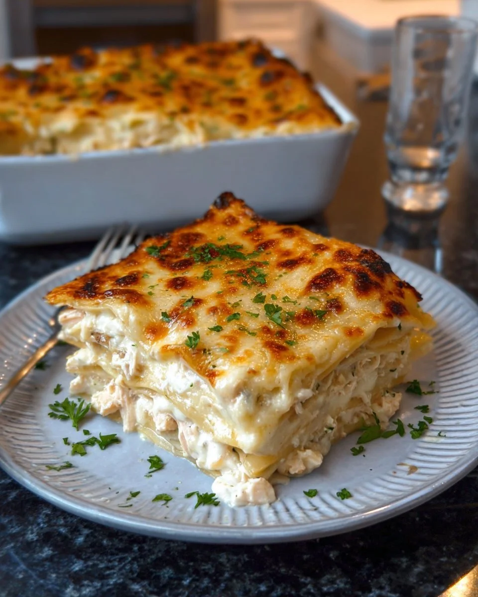 Delicious Chicken Alfredo Lasagna with creamy sauce and chicken layers