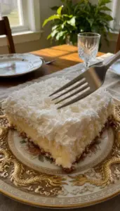 Delicious Coconut Cream Cake topped with creamy frosting and coconut flakes