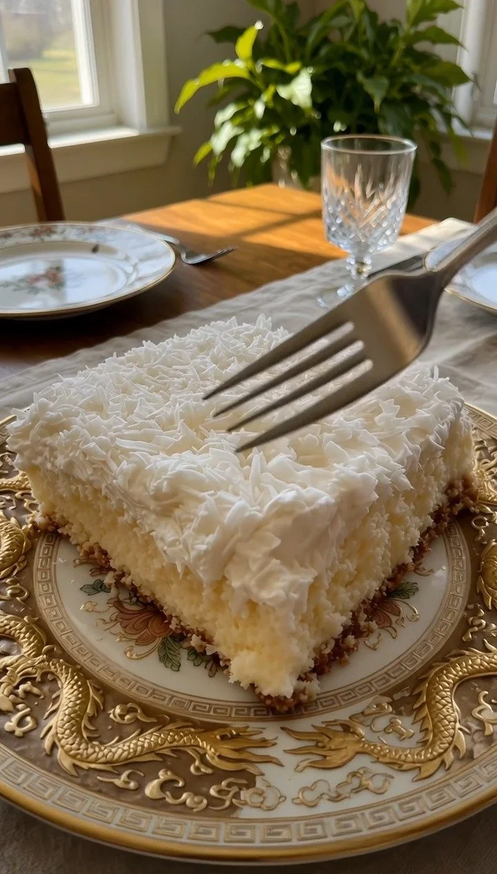 Delicious Coconut Cream Cake topped with creamy frosting and coconut flakes