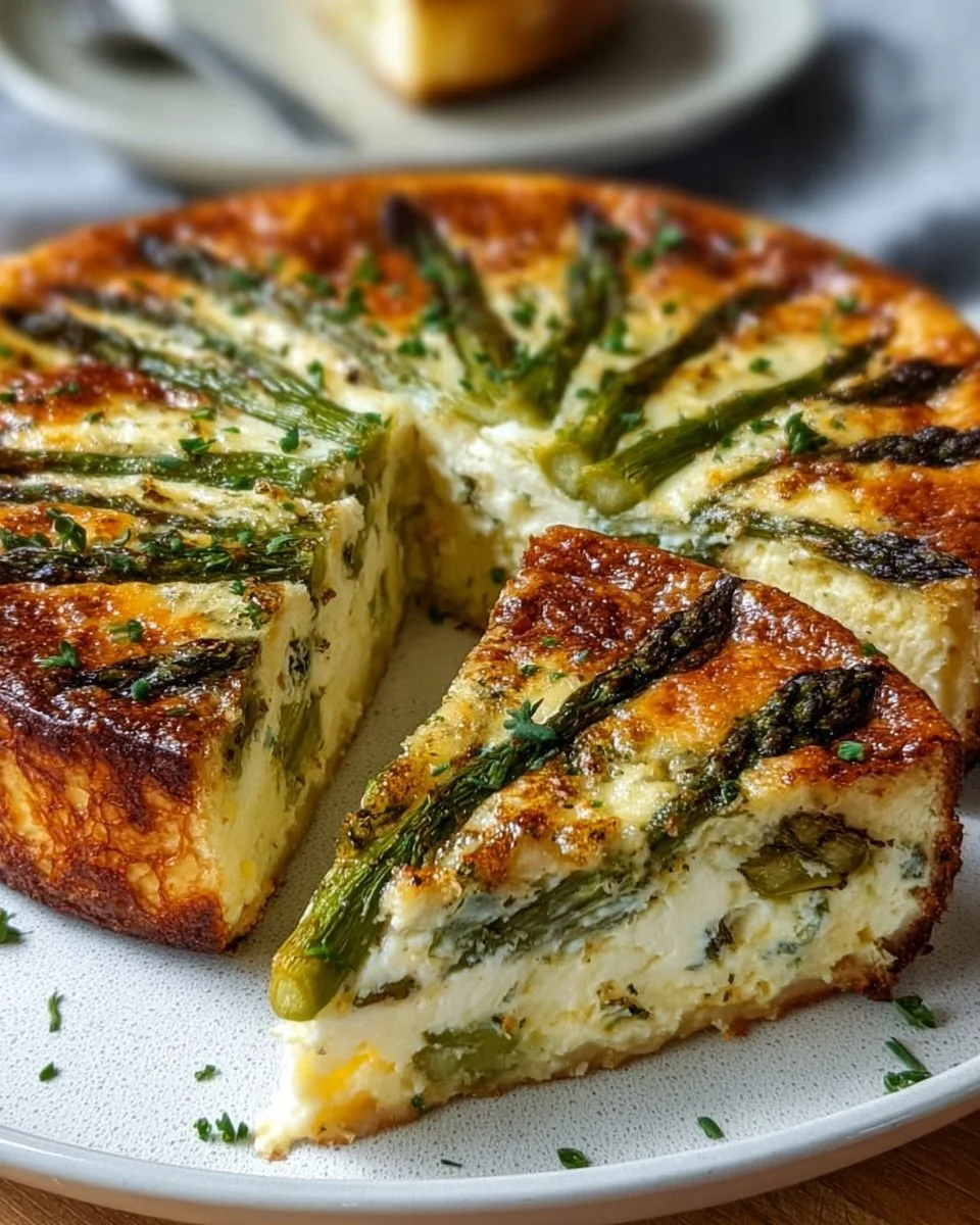 Cottage cheese asparagus Gruyère quiche slices ready to serve.