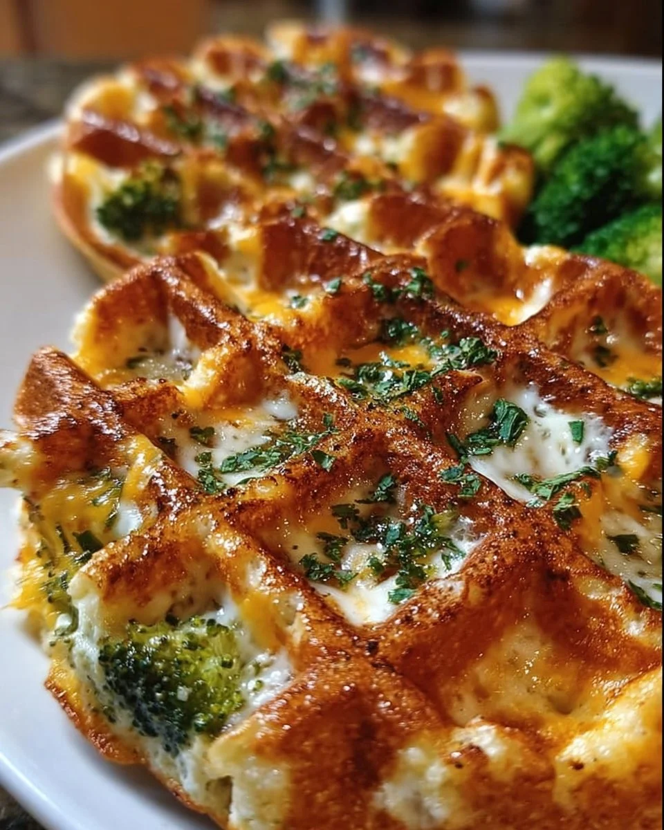 Delicious cottage cheese waffle topped with broccoli and cheddar cheese