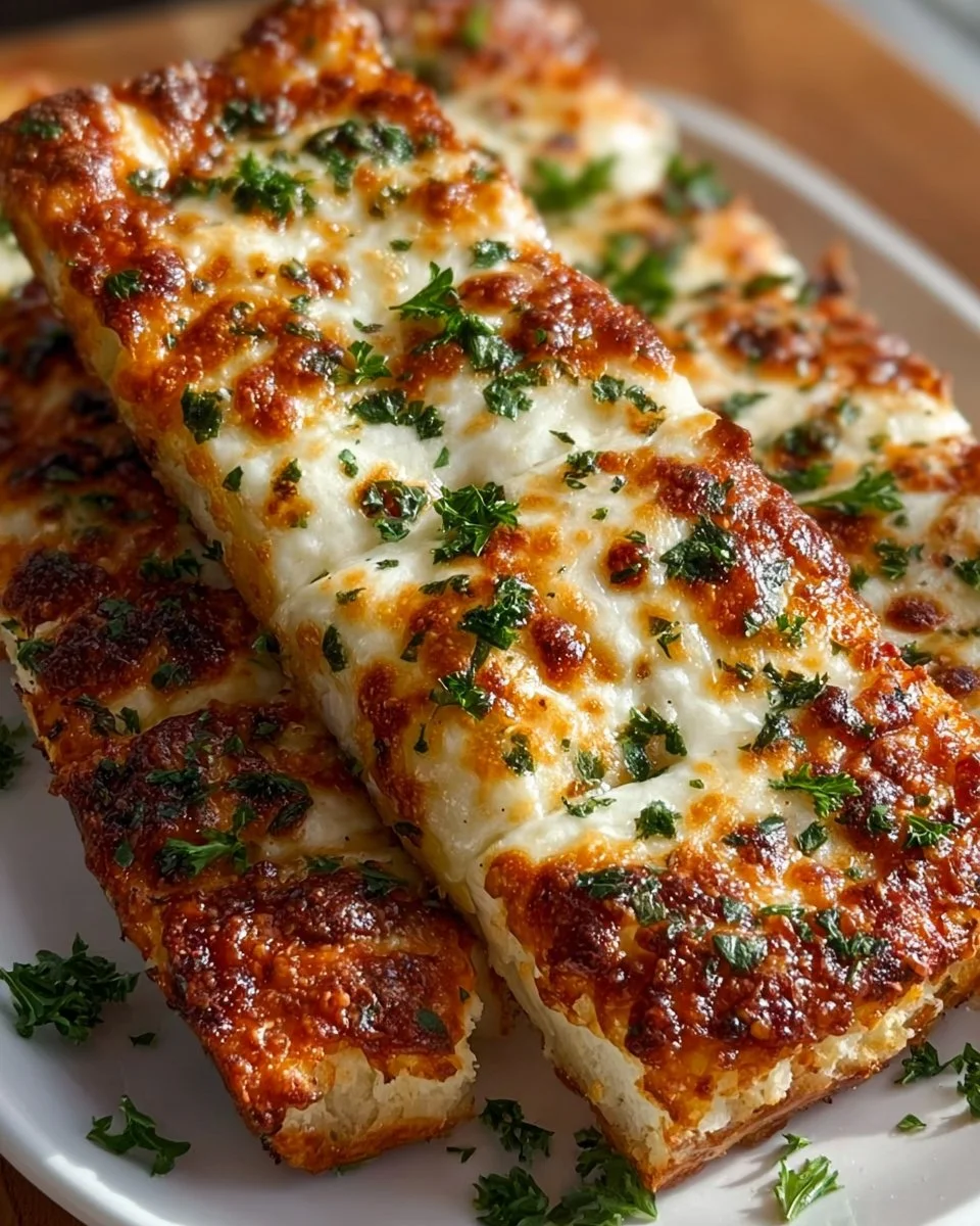 Cottage cheese cheesy garlic bread sticks on a plate, delicious and easy snack.