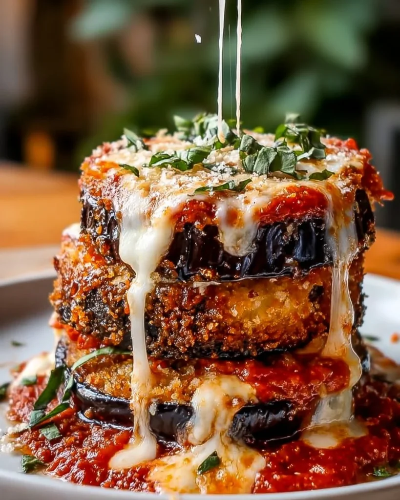 Cottage Cheese Eggplant Parmesan Melt Towers stacked with layers of eggplant and cheese