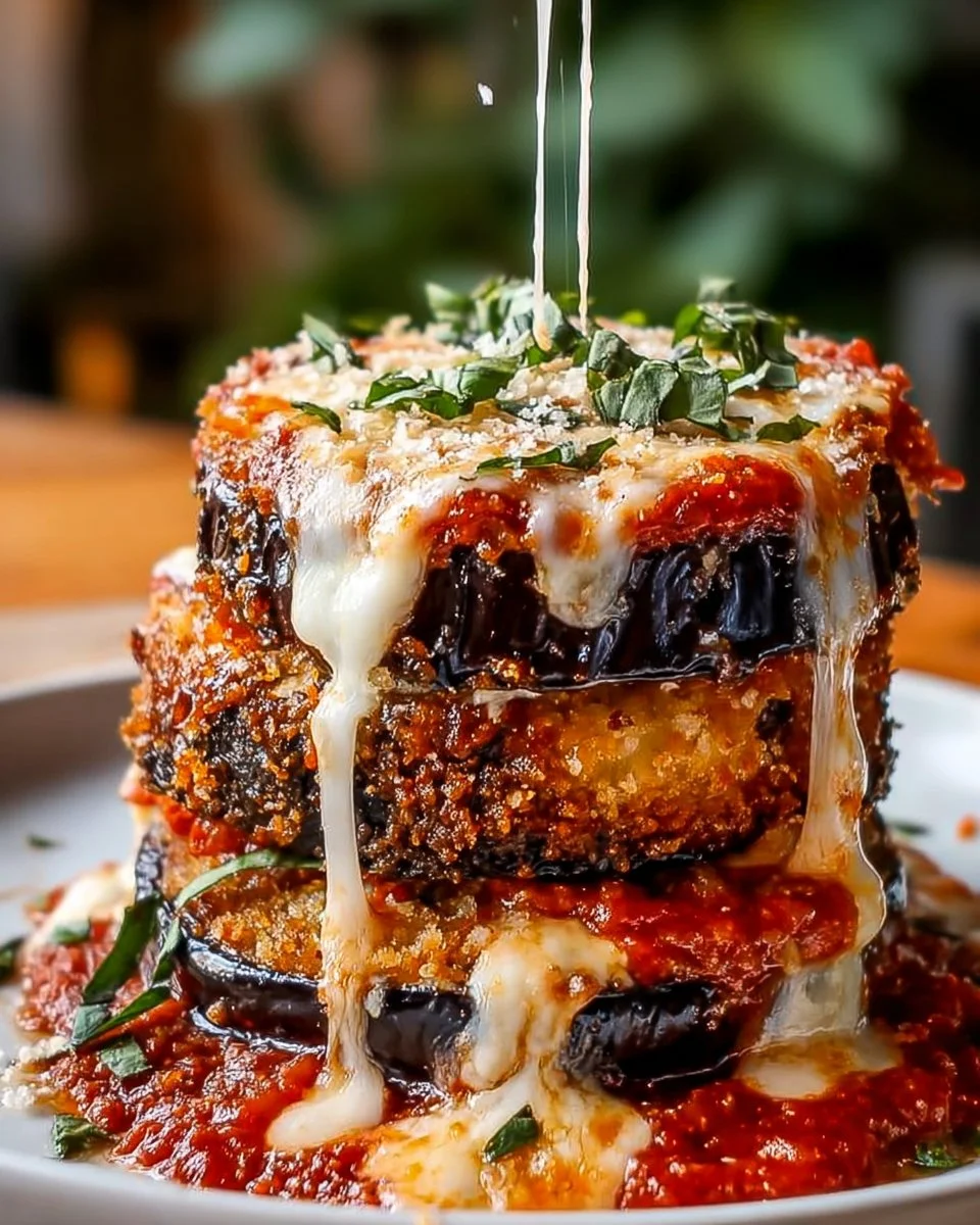 Cottage Cheese Eggplant Parmesan Melt Towers stacked with layers of eggplant and cheese