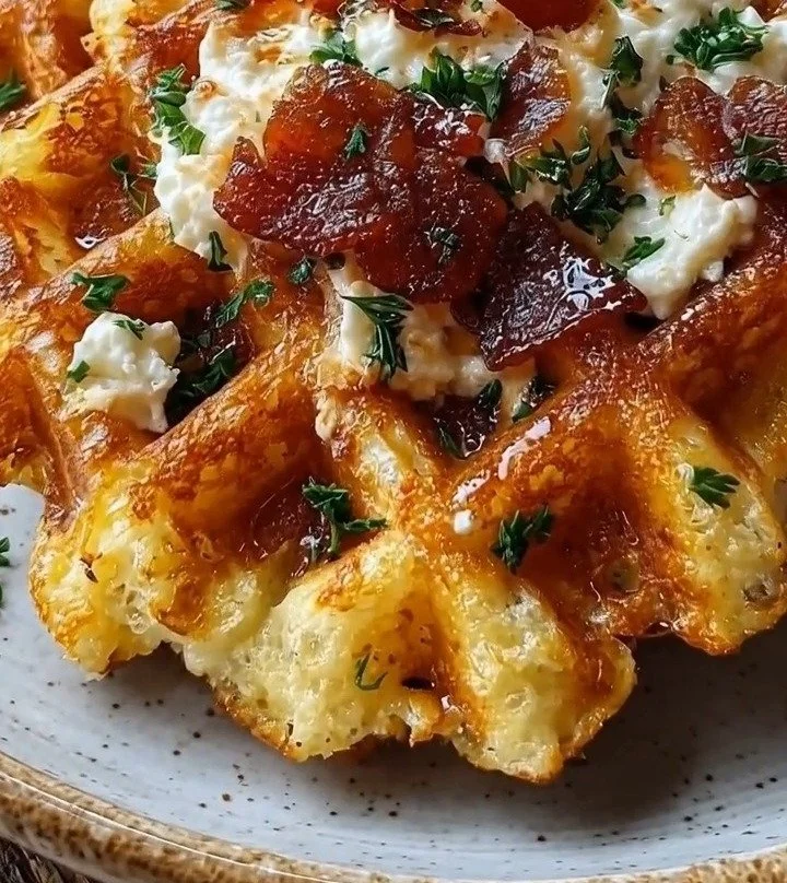 Cottage cheese hash brown bacon waffle on a plate ready to eat
